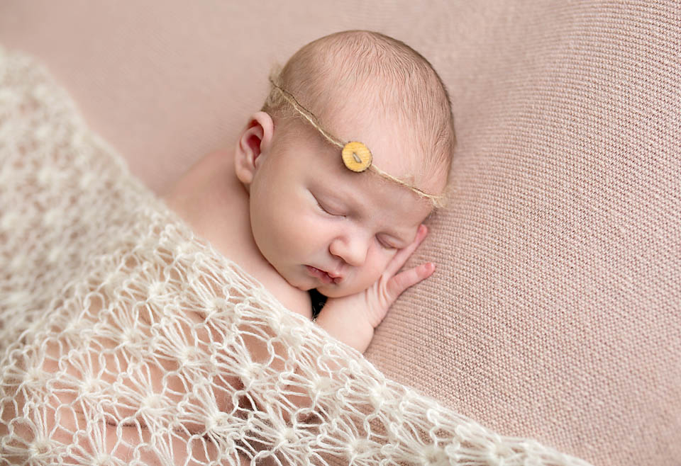 Newborn baby girl sleeping under beautiful lace knit blanket, Newmarket Ontario