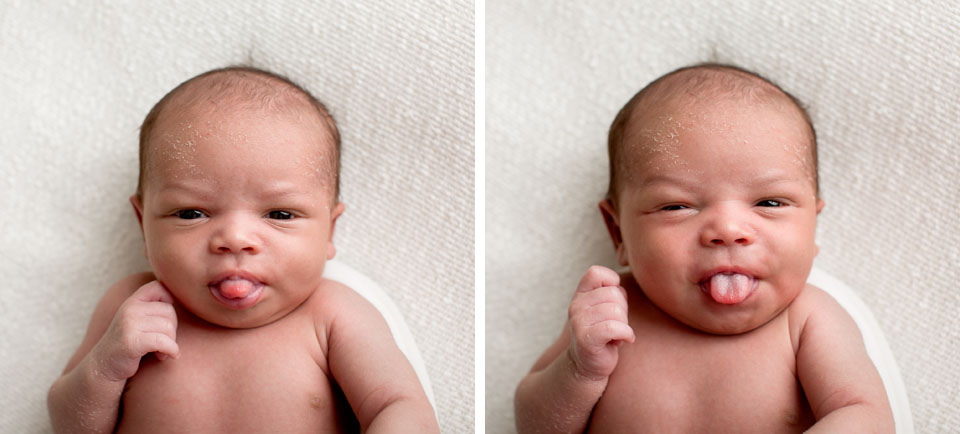 Cute newborn faces, sticking tongue out